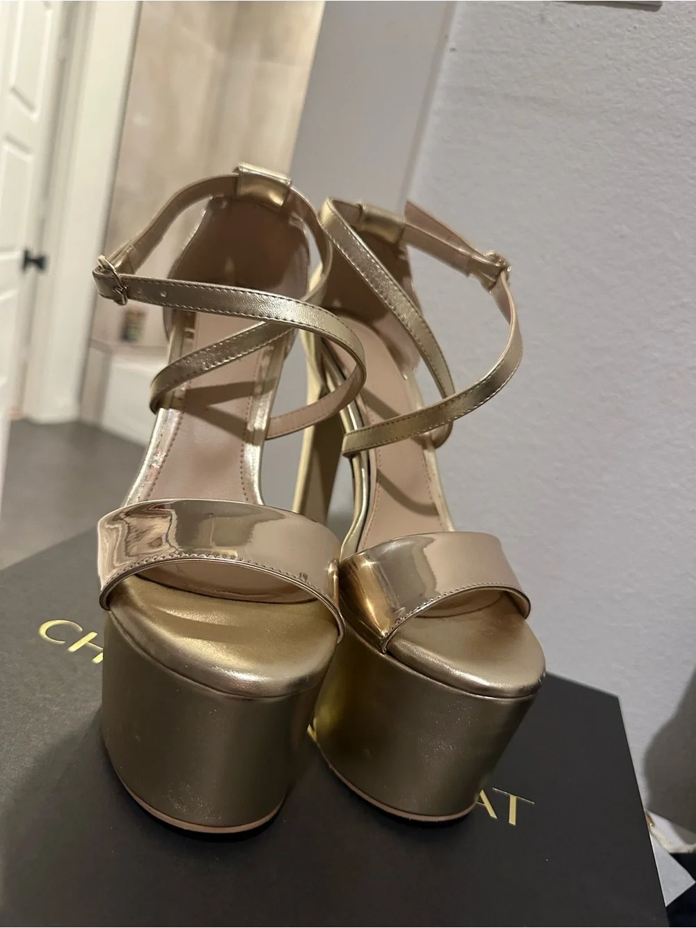 Gold Platform High-Heel Sandals with Ankle Strap